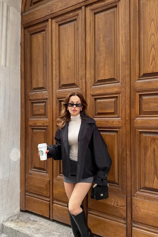 Düğmeli Kısa Trenchcoat Siyah