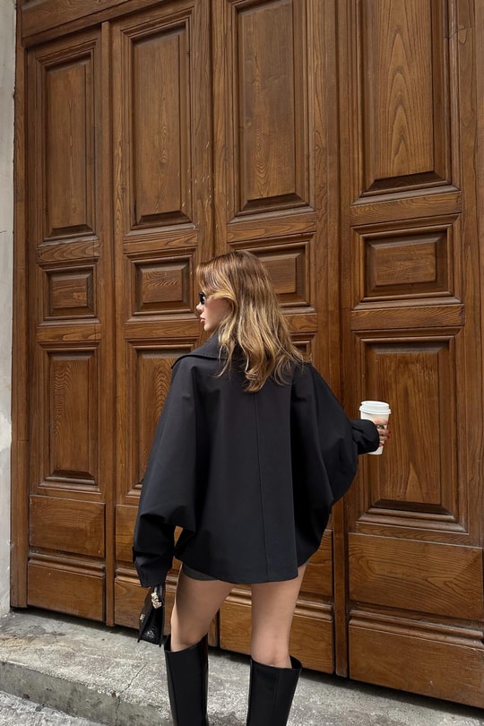 Düğmeli Kısa Trenchcoat Siyah