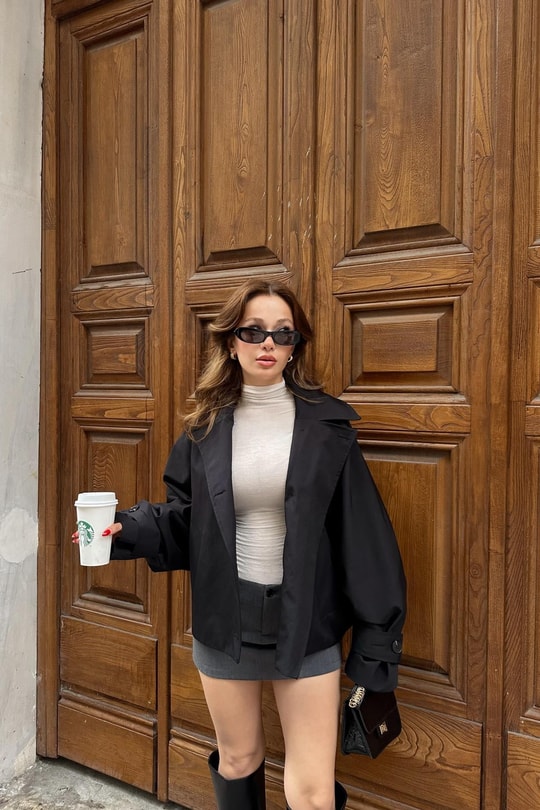 Düğmeli Kısa Trenchcoat Siyah
