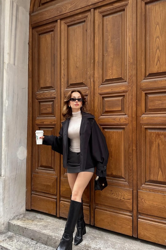 Düğmeli Kısa Trenchcoat Siyah