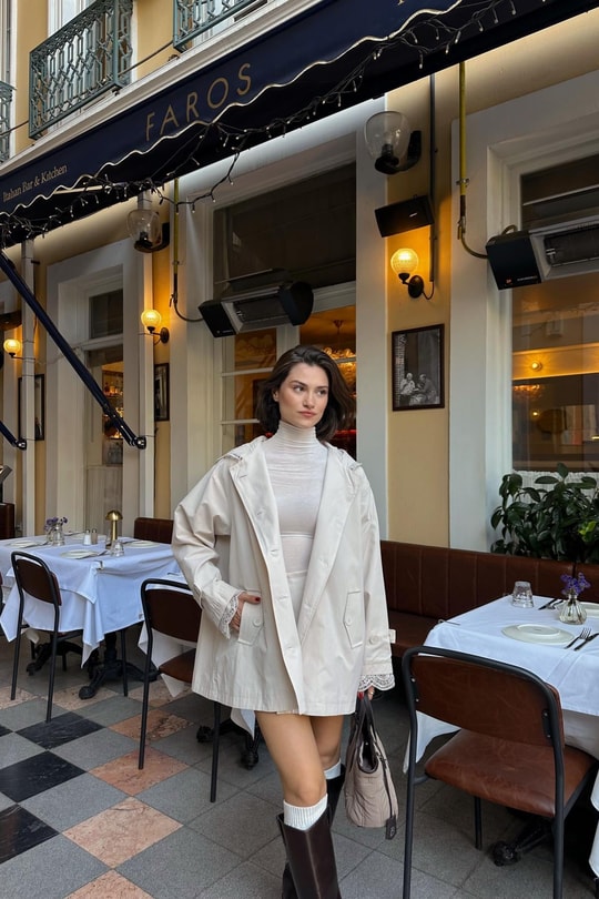 Güpür Detaylı Trençkot Taş