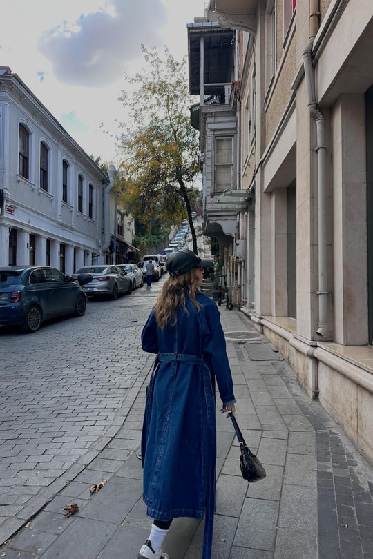 Kemerli Denim Trençkot Mavi
