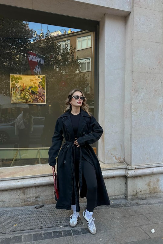 Kemerli Denim Trençkot Siyah