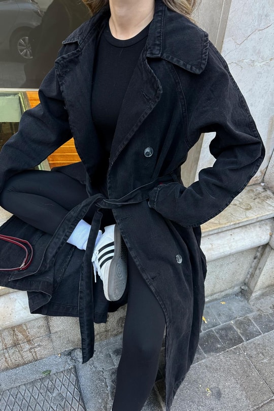 Kemerli Denim Trençkot Siyah