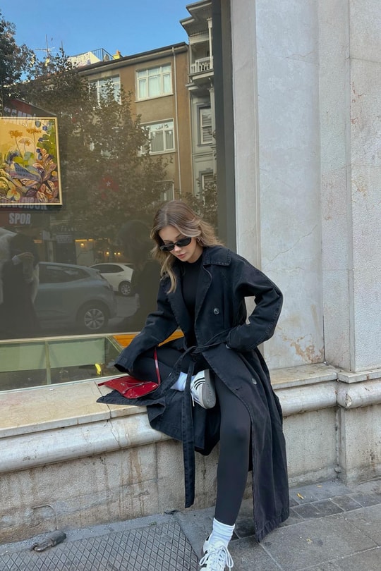 Kemerli Denim Trençkot Siyah