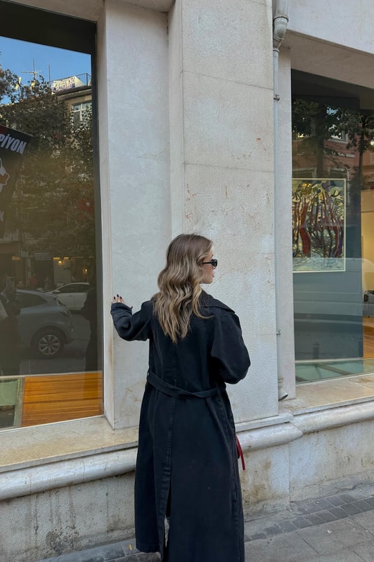 Kemerli Denim Trençkot Siyah