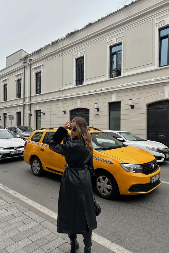 Kürk Detaylı Deri Trench Siyah