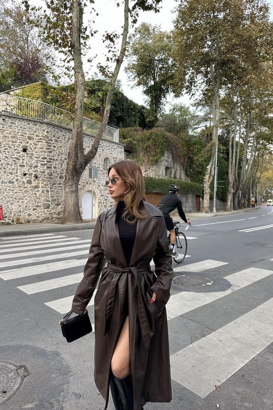 Kuşaklı Deri Trenchcoat Kahve