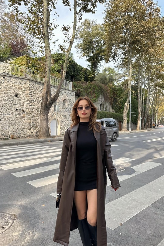 Kuşaklı Deri Trenchcoat Kahve