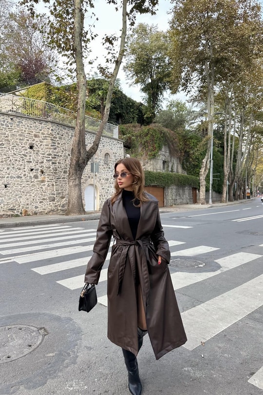 Kuşaklı Deri Trenchcoat Kahve