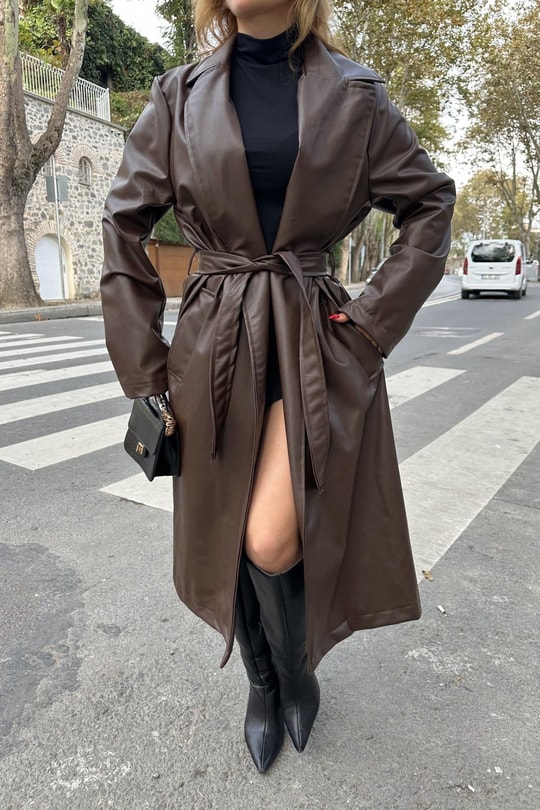 Kuşaklı Deri Trenchcoat Kahve
