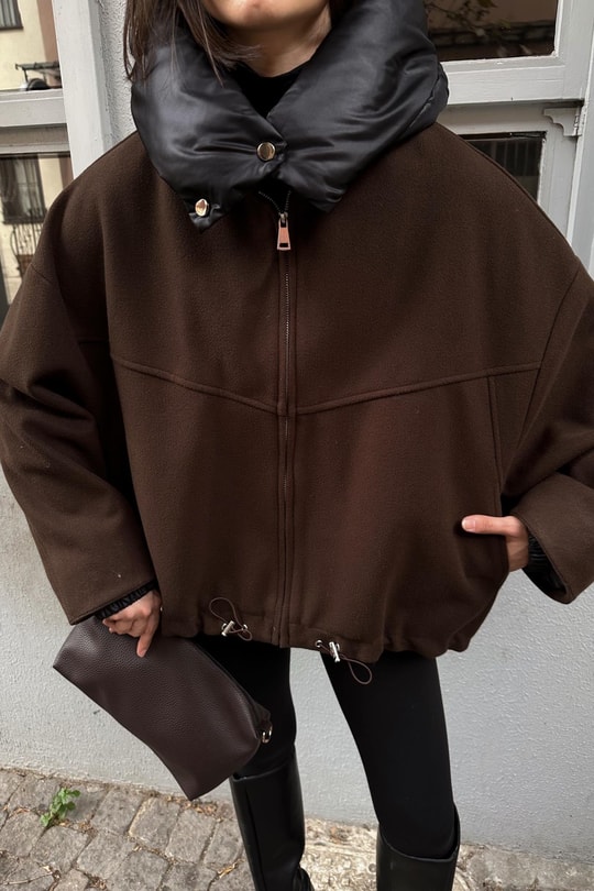 Şişme Yakalı Premium Trench Kahve