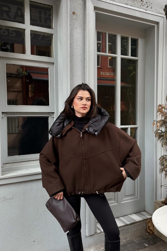 Şişme Yakalı Premium Trench Kahve