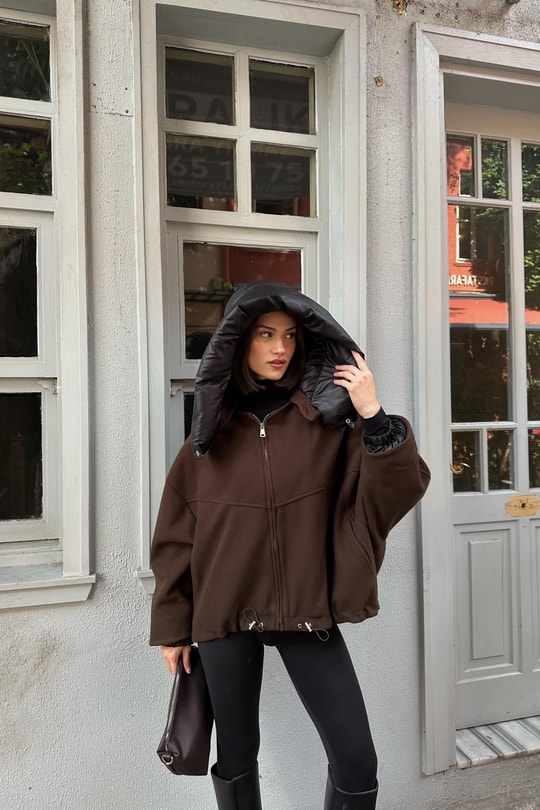 Şişme Yakalı Premium Trench Kahve