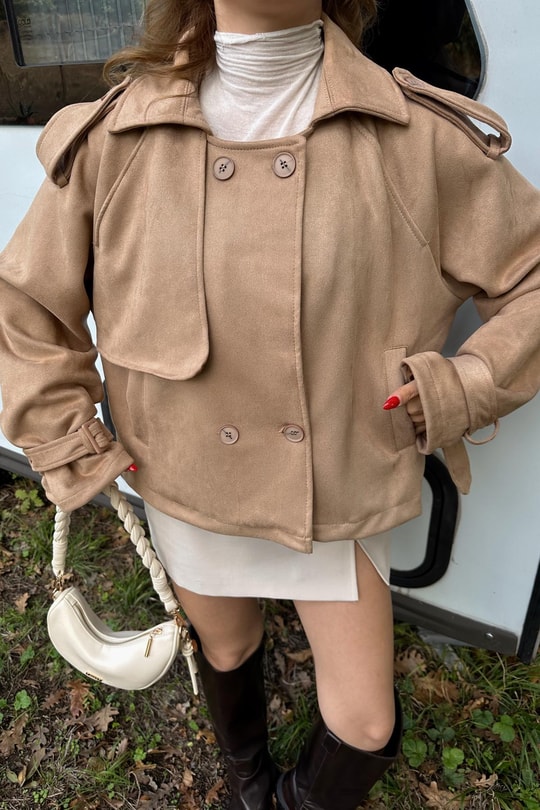 Süet Kısa Trench Bej