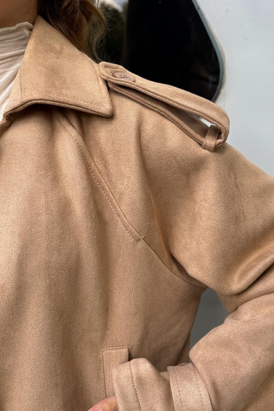 Süet Kısa Trench Bej