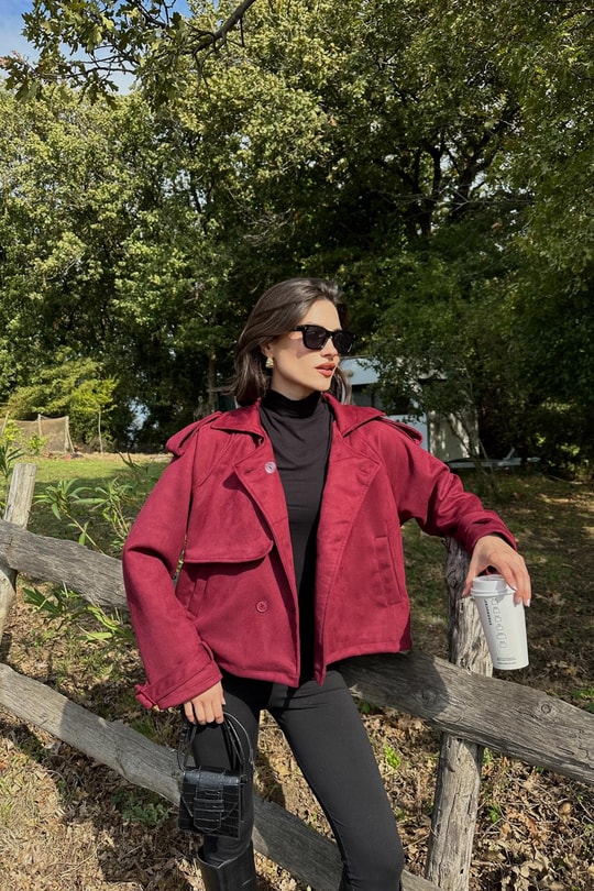 Süet Kısa Trench Bordo