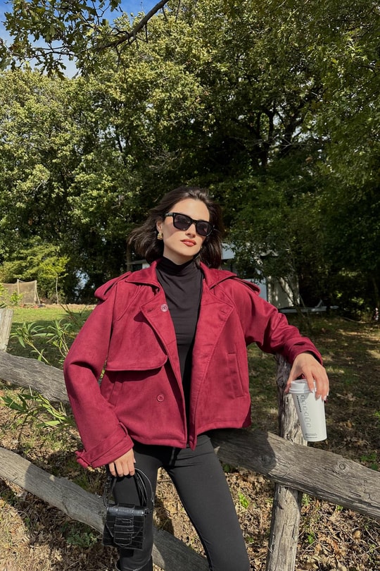 Süet Kısa Trench Bordo