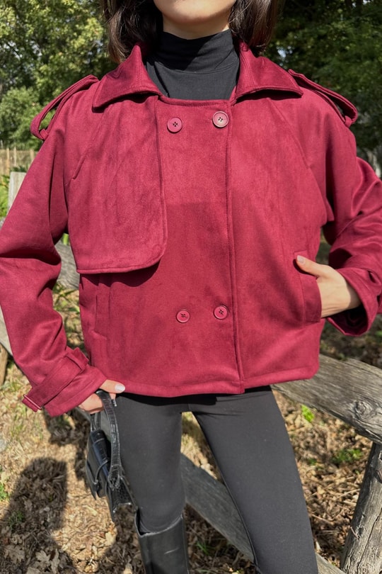 Süet Kısa Trench Bordo