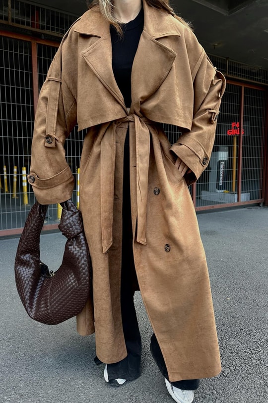 Süet Trench Taba
