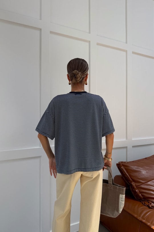 Kontrast Yaka Çizgili Tshirt İndigo Tshirt