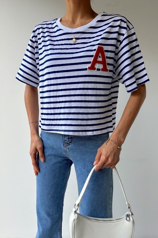 A Nakışlı Çizgili Crop Tişört Lacivert