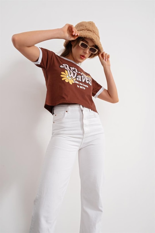 Arizona Baskılı Crop Tshirt Kahverengi