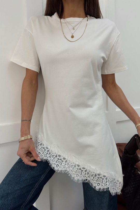 Asimettrik Dantel Tshirt Beyaz