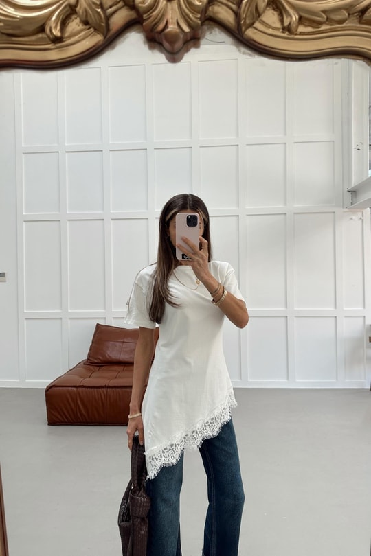 Asimettrik Dantel Tshirt Beyaz