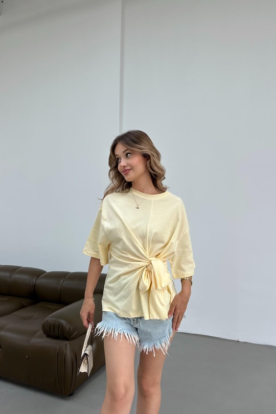 Bağlamalı Pamuk Tshirt Sarı