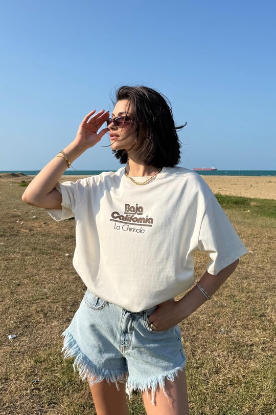 Baja Baskılı Tshirt Krem