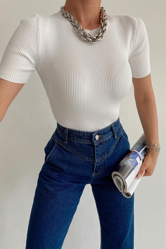 Basic Kısa Kollu Triko Tshirt Beyaz