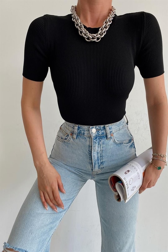 Basic Kısa Kollu Triko Tshirt Siyah