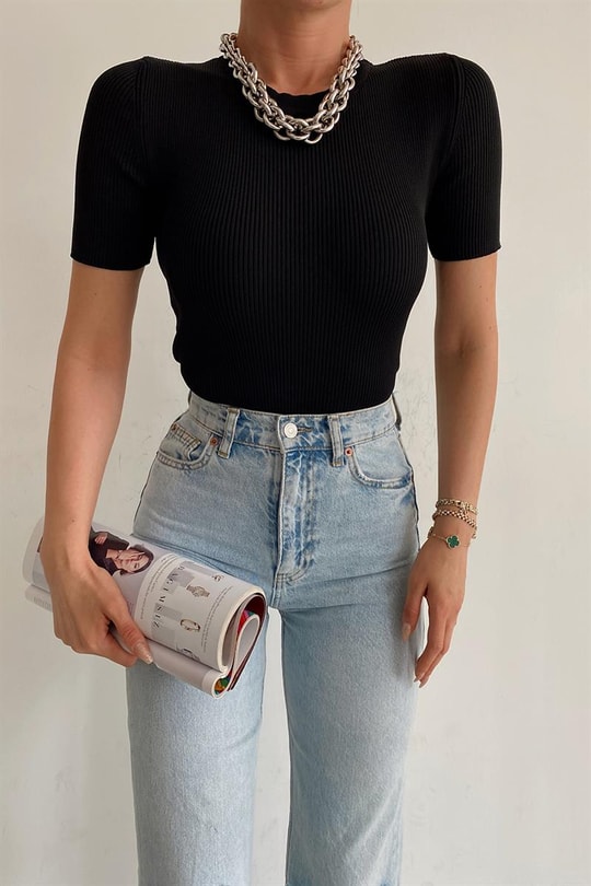 Basic Kısa Kollu Triko Tshirt Siyah