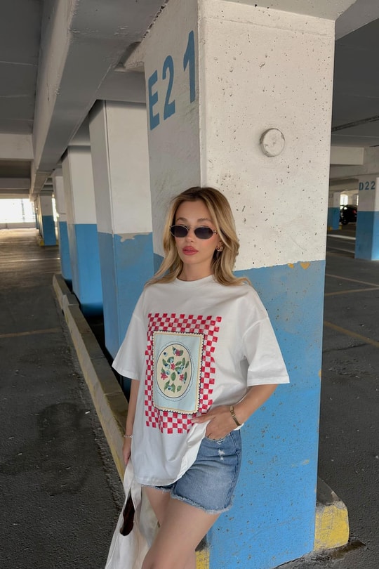 Baskı Detaylı T-shirt Beyaz