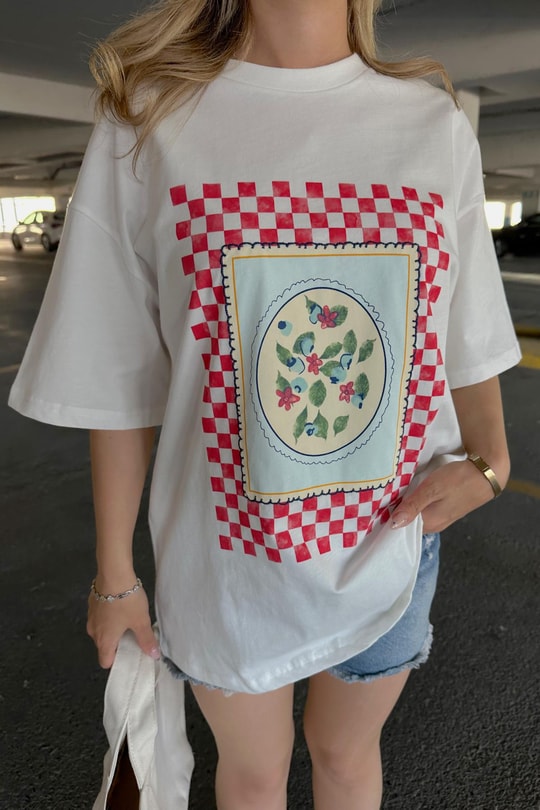 Baskı Detaylı T-shirt Beyaz