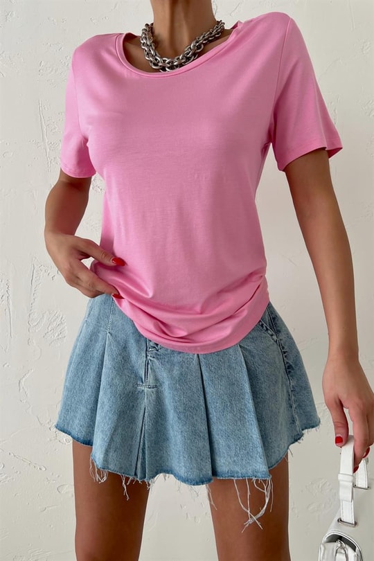 Bisiklet Yaka Basic Oversize Tshirt Pembe