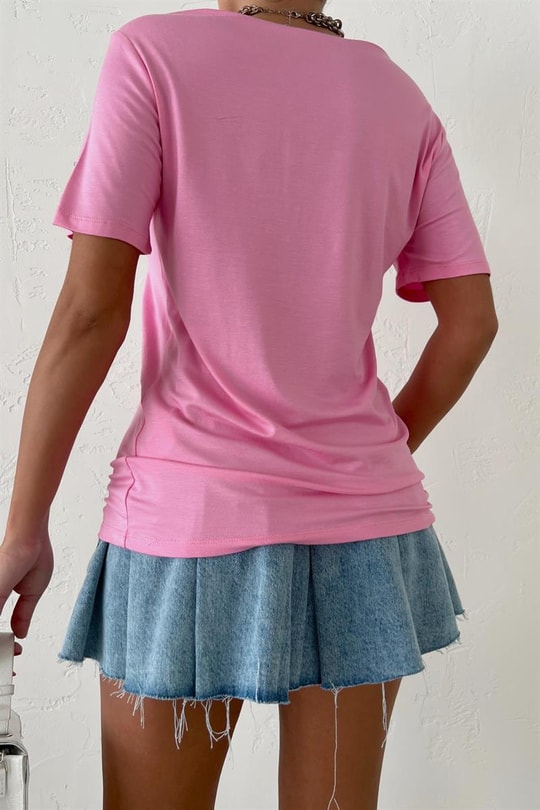 Bisiklet Yaka Basic Oversize Tshirt Pembe