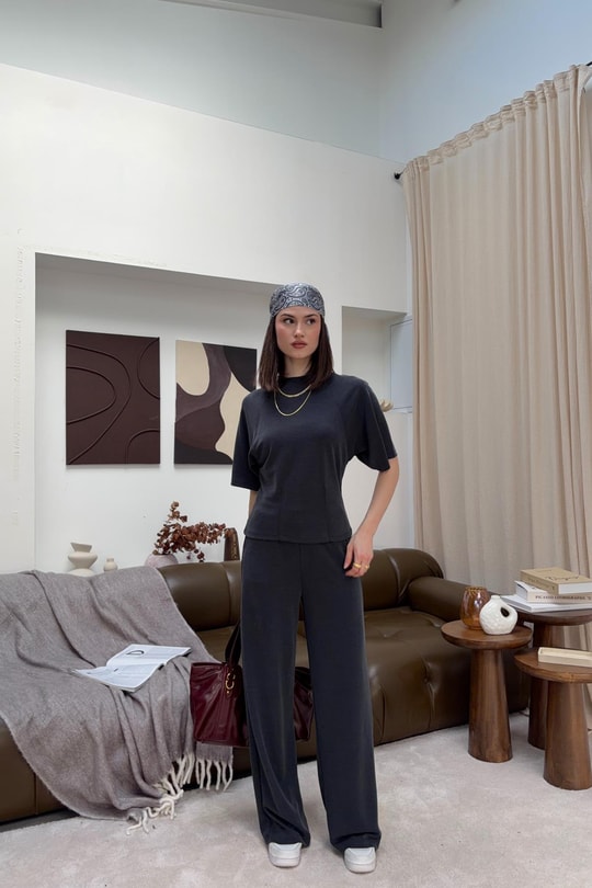 Bisiklet Yaka Basic Tshirt Antrasit