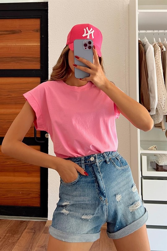 Bisiklet Yaka Basic Tshirt Pembe