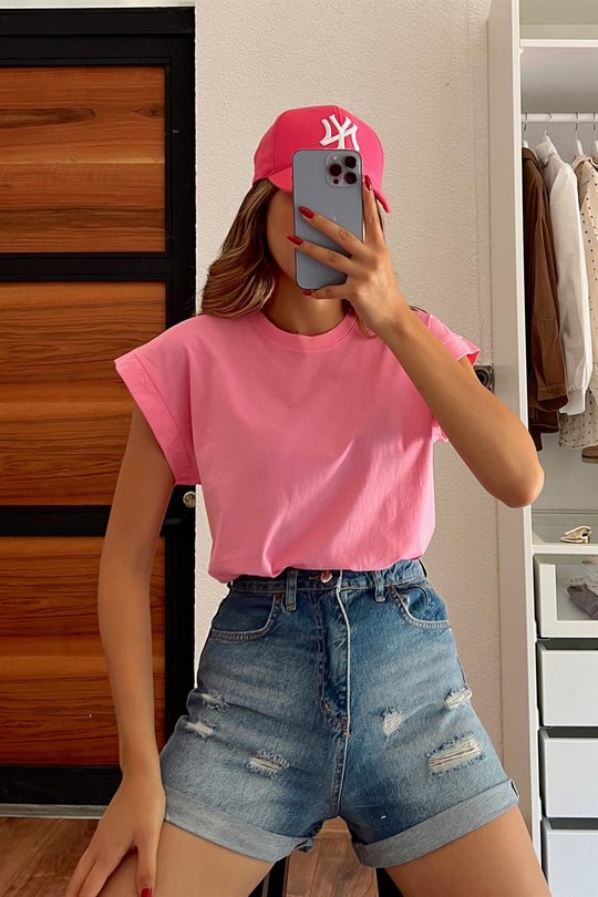 Bisiklet Yaka Basic Tshirt Pembe
