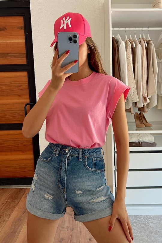 Bisiklet Yaka Basic Tshirt Pembe