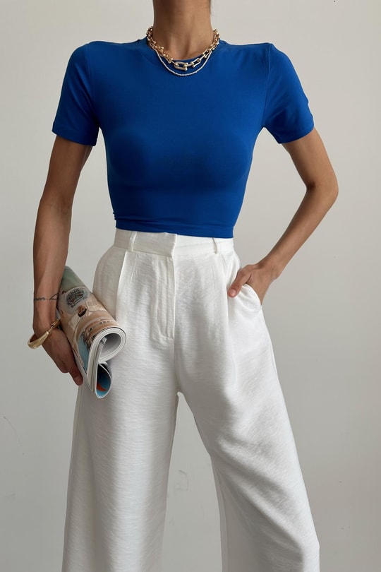 Bisiklet Yaka Basic Tshirt Saks Mavisi