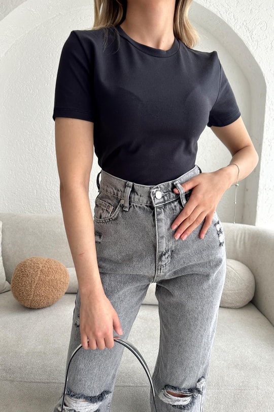 Bisiklet Yaka Crop Füme