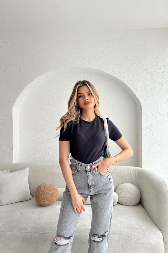 Bisiklet Yaka Crop Füme
