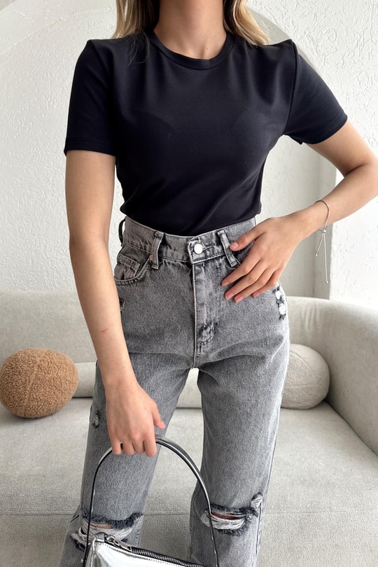 Bisiklet Yaka Crop Füme
