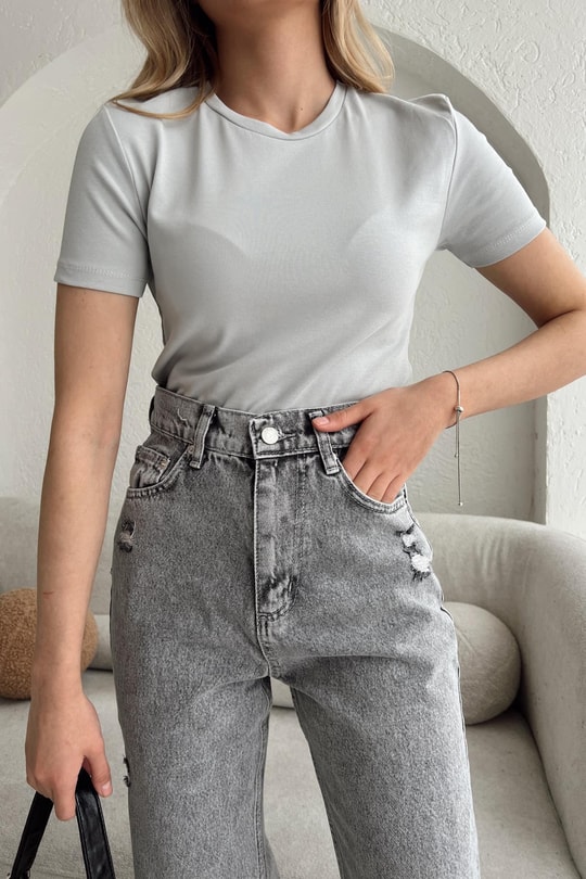 Bisiklet Yaka Crop Gri