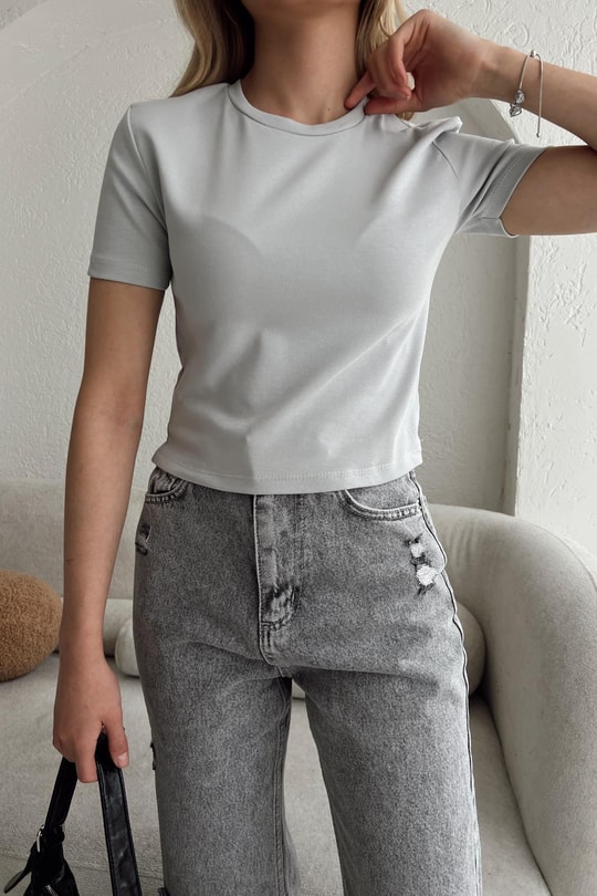 Bisiklet Yaka Crop Gri