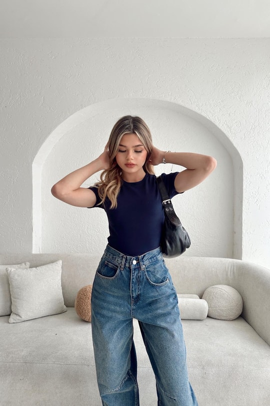 Bisiklet Yaka Crop Lacivert