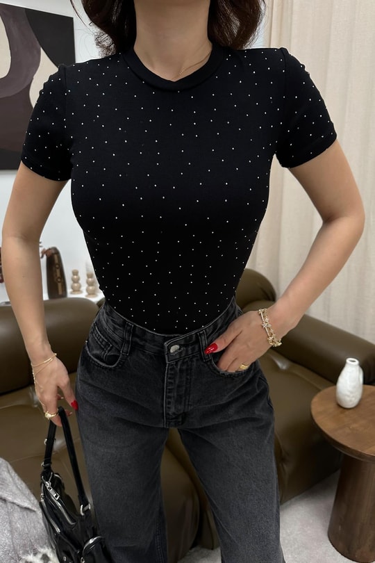 Bisiklet Yaka Taşlı Tshirt Siyah